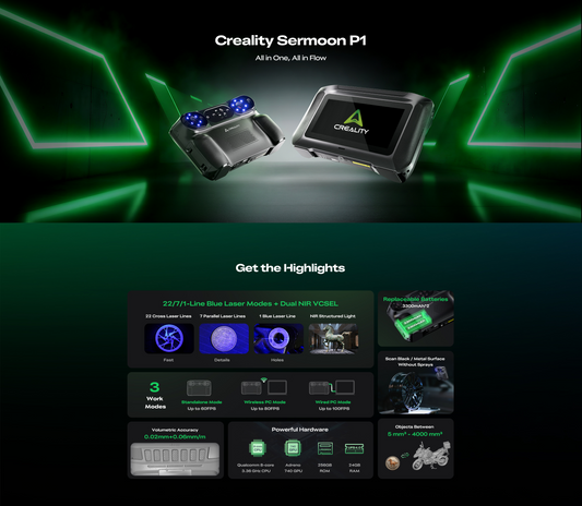 Creality Sermoon P1 3D Scanner with Built-in PC, Wireless Professional CAD/Reverse Engineering to 3D Printing & Art Design, 0.02mm Accuracy, 100FPS Blue Laser Scanning with WiFi 7